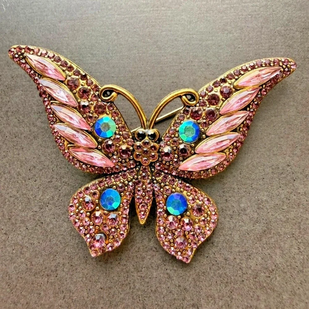 Pink Rhinestone Butterfly Brooch Gold Tone Iridescent Crystal Statement Pin